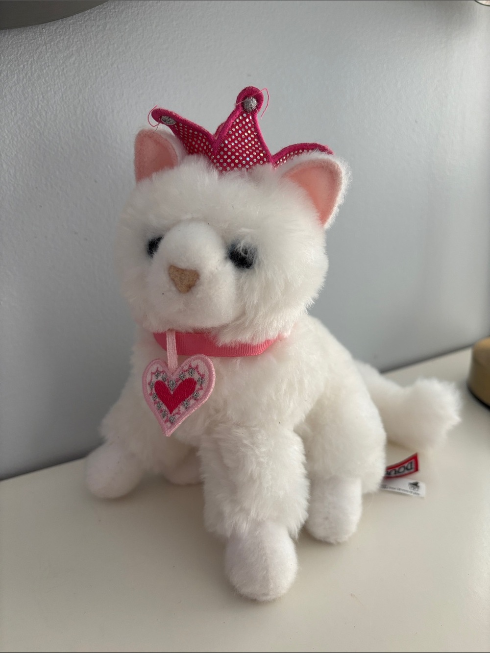 Douglas Plush White Cat Toy (duchess)with Pink Crown and Heart Charm (retired )